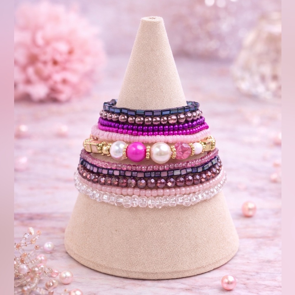 Royal Raspberry Beaded‎ Bracelet Stack with Elastic OS - Picture 2 of 10